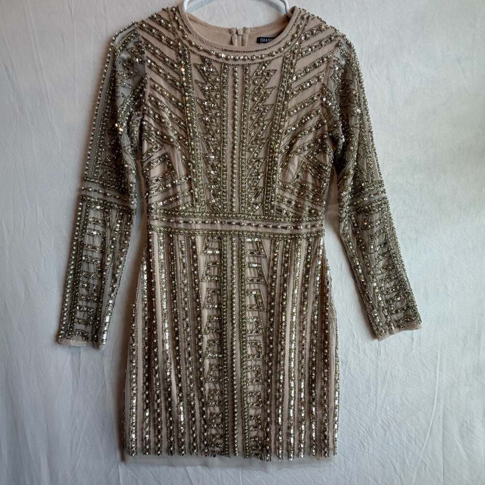 Gianni Bini Long Sleeve Champagne Sequin and Pearl Embellished Mini Dress
